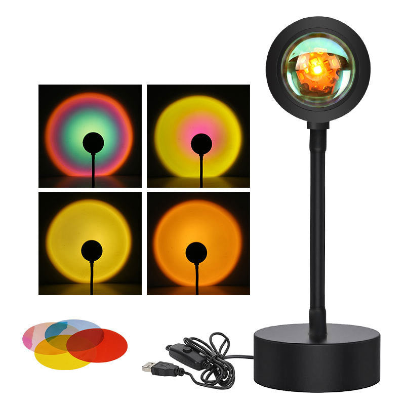 USB sunset projection lamp casting a warm golden-hour glow in a bedroom