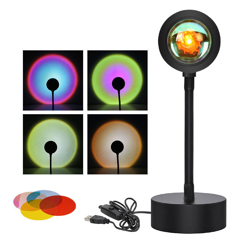 USB sunset projection lamp casting a warm golden-hour glow in a bedroom