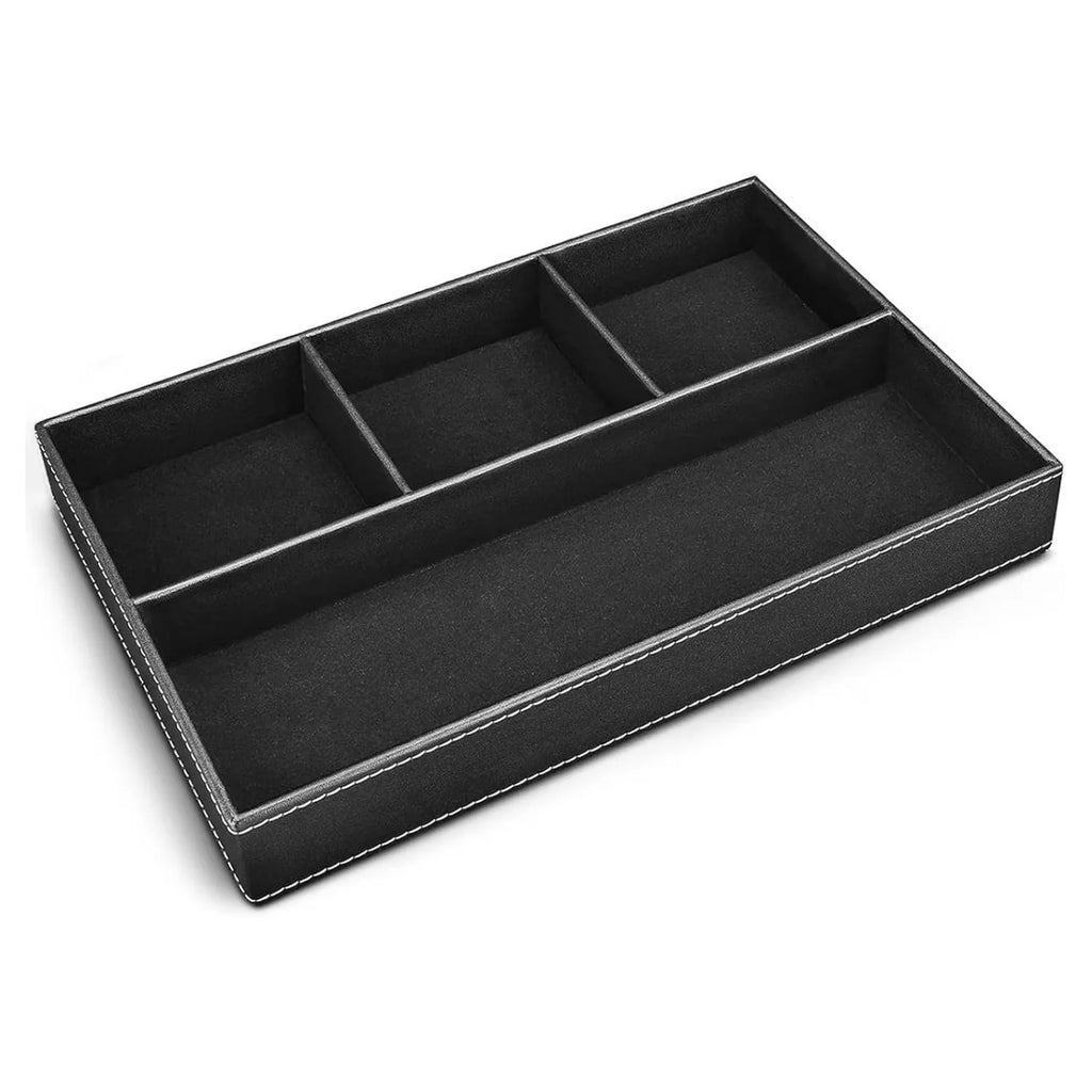 Black PU Leather Valet Tray, 4-Compartment Jewelry and Desk Organizer for Men