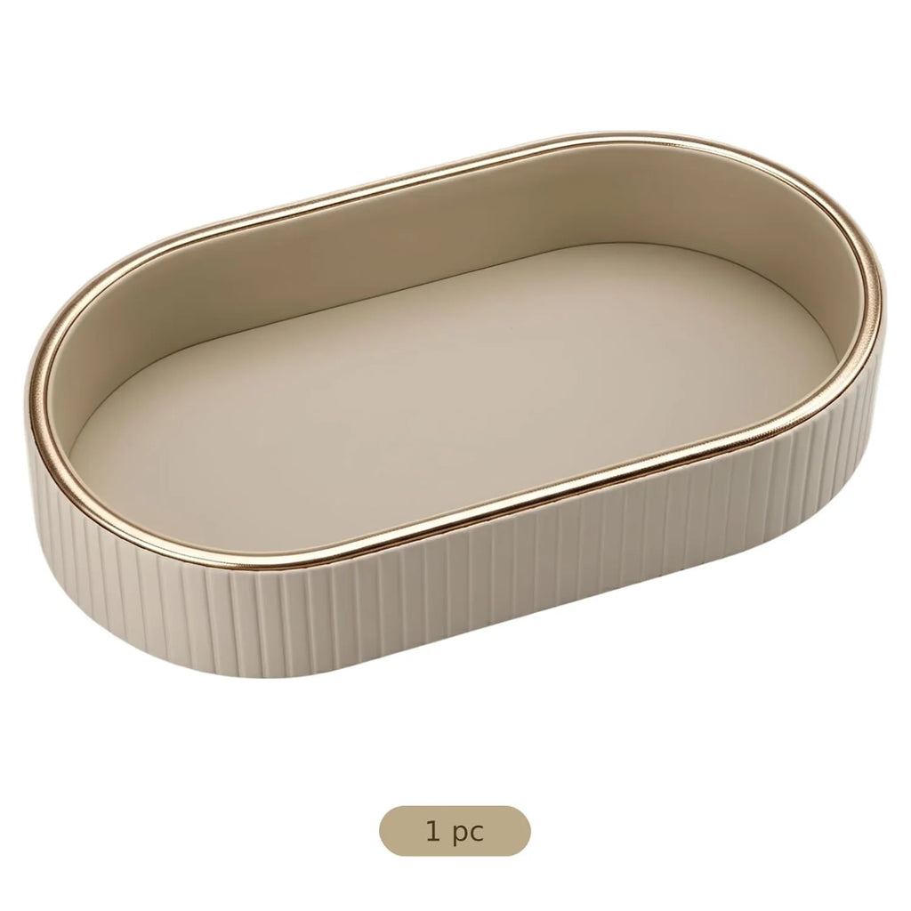 Oval PU Leather Vanity Tray with Gold Trim, Nightstand and Key Organizer