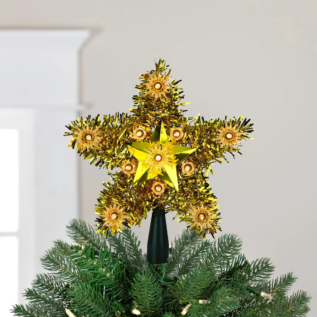 Lighted Gold Star Christmas Tree Topper, 7 Inch, Clear Lights