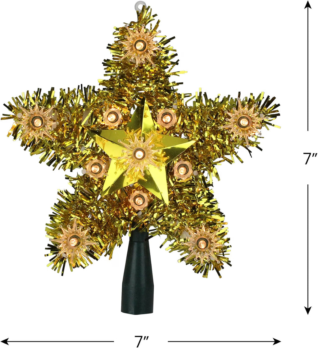 Lighted Gold Star Christmas Tree Topper, 7 Inch, Clear Lights