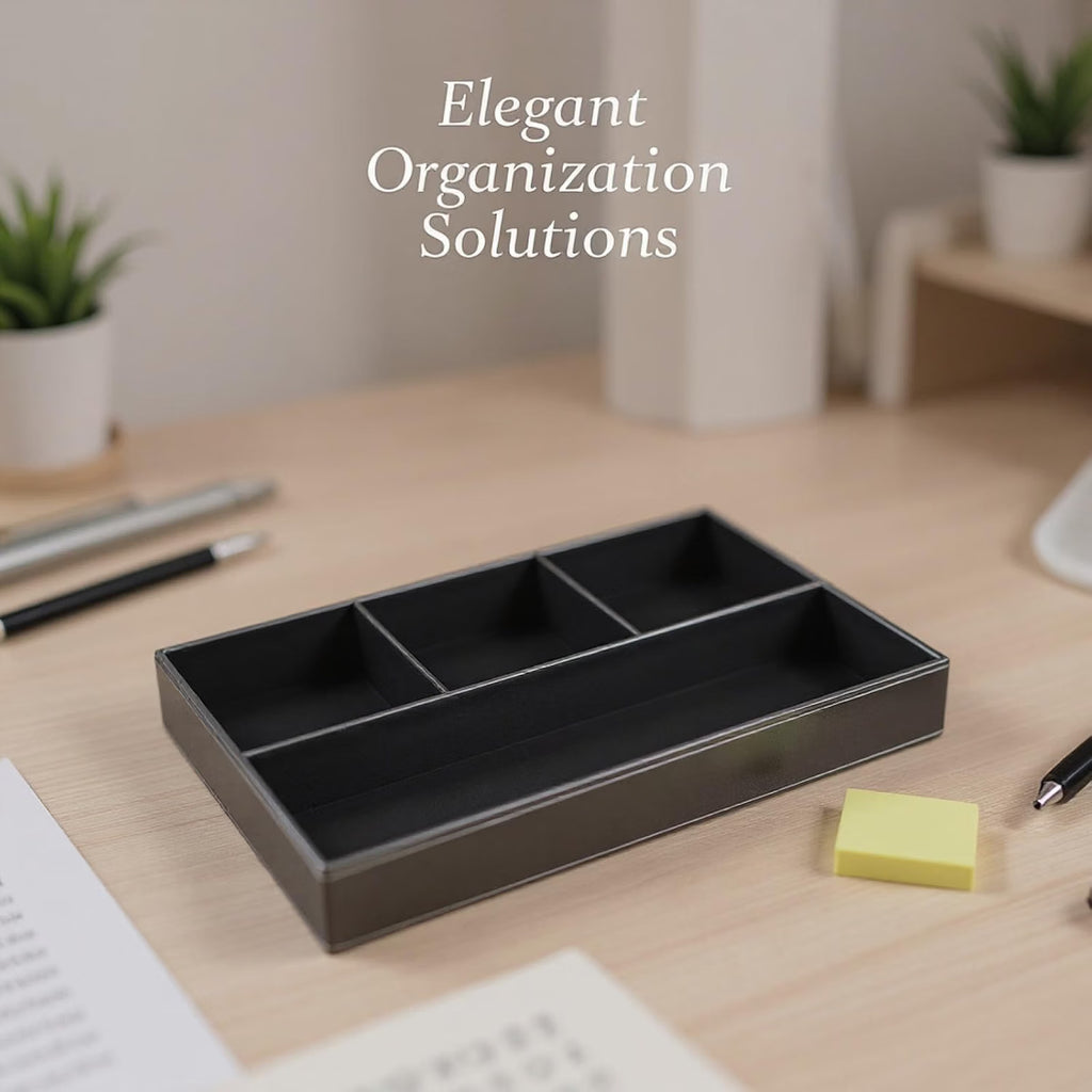 Black PU Leather Valet Tray, 4-Compartment Jewelry and Desk Organizer for Men