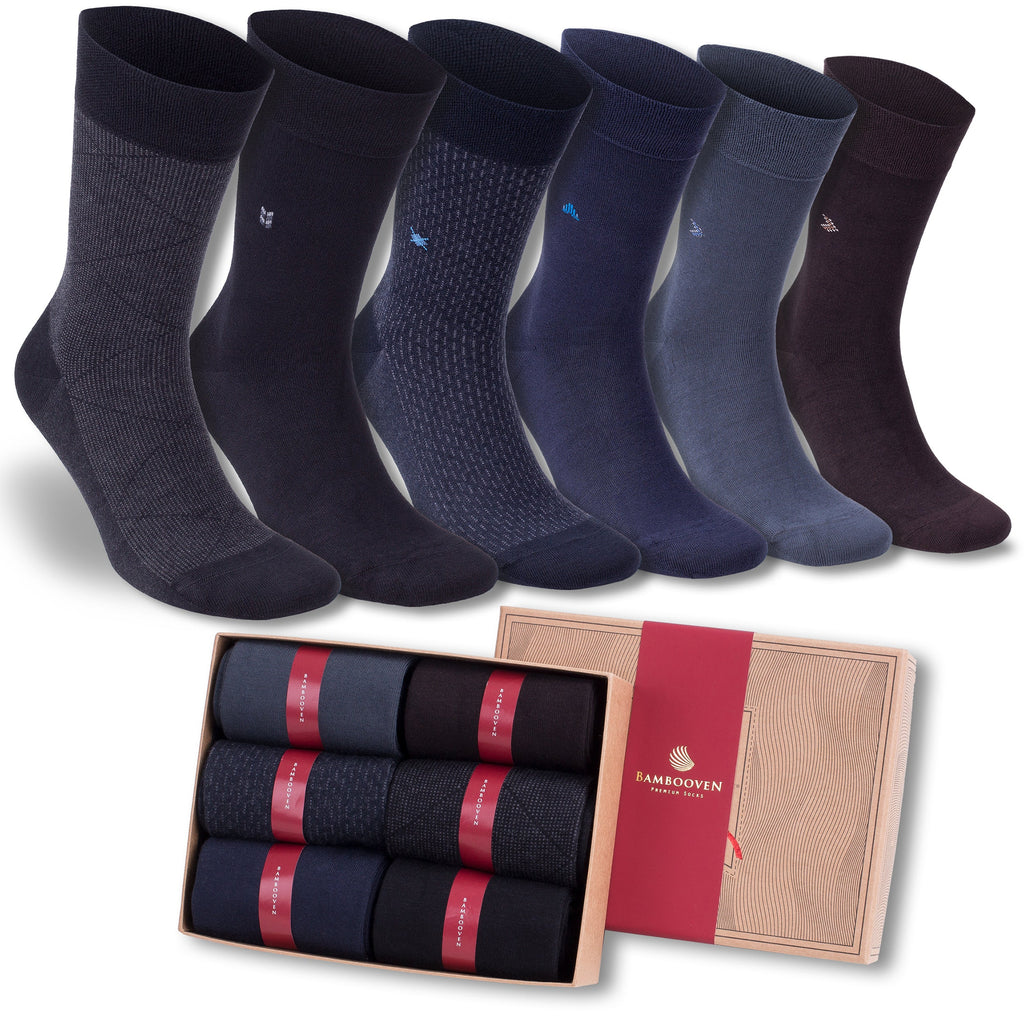Men's bamboo dress socks 6-pack gift box in navy, slate, steel and brown
