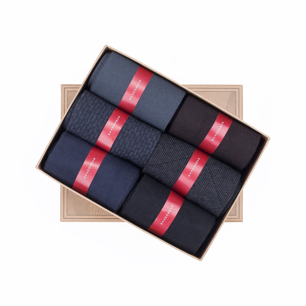 Men's bamboo dress socks 6-pack gift box in navy, slate, steel and brown