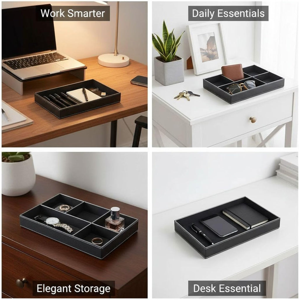 Black PU Leather Valet Tray, 4-Compartment Jewelry and Desk Organizer for Men