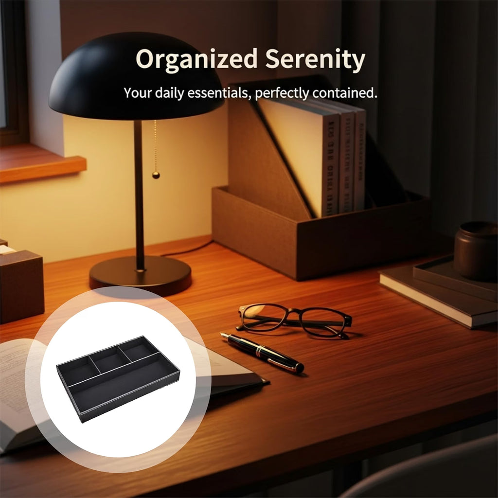 Black PU Leather Valet Tray, 4-Compartment Jewelry and Desk Organizer for Men