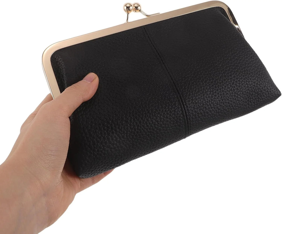 Women's Vintage Faux Leather Kiss Lock Wallet with Card Slots, Black