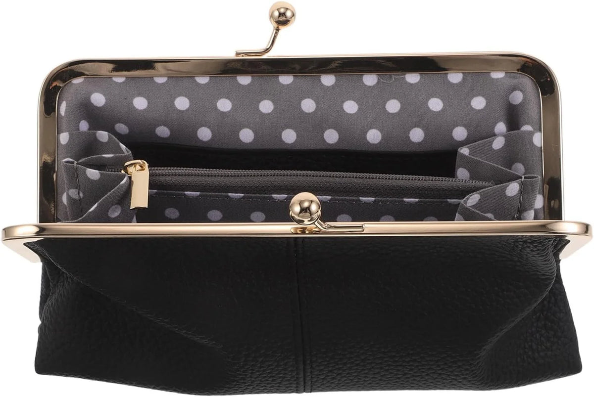 Women's Vintage Faux Leather Kiss Lock Wallet with Card Slots, Black
