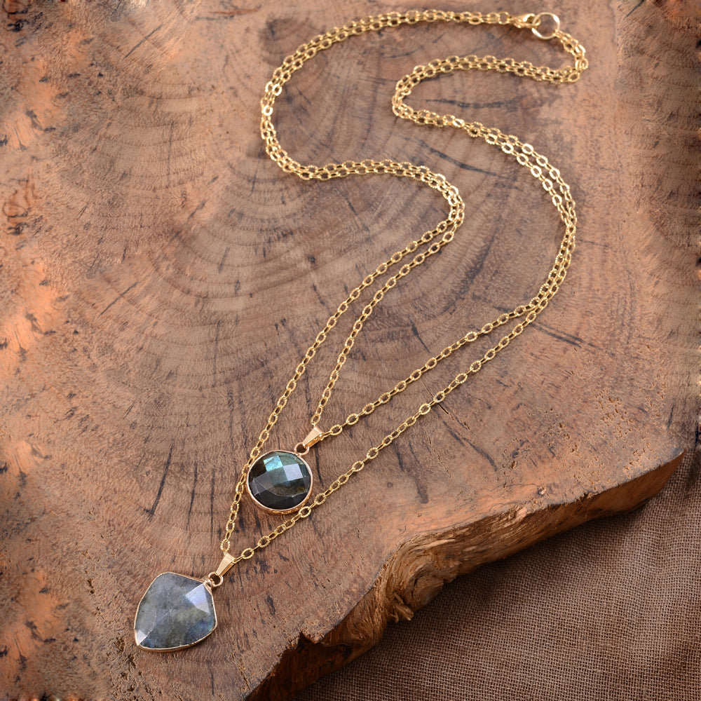 Faux Moonstone Double Chain Pendant Necklace