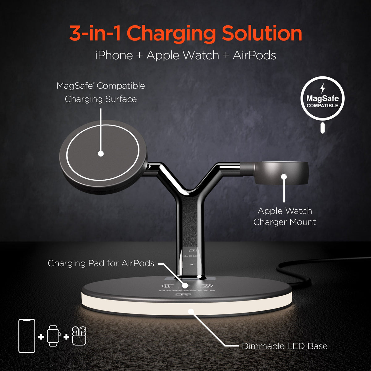 HyperGear MaxCharge 3-in-1 MagSafe-Compatible Wireless Charging Stand