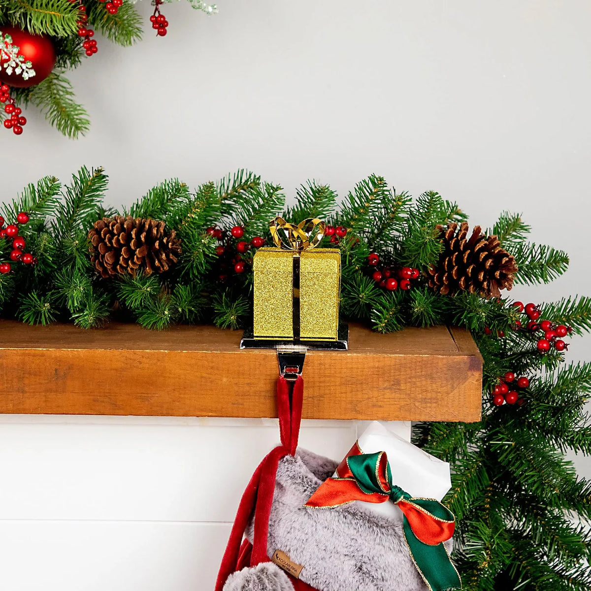 Glitter Gold Gift Box Christmas Stocking Holder, 5.5 Inch Metal