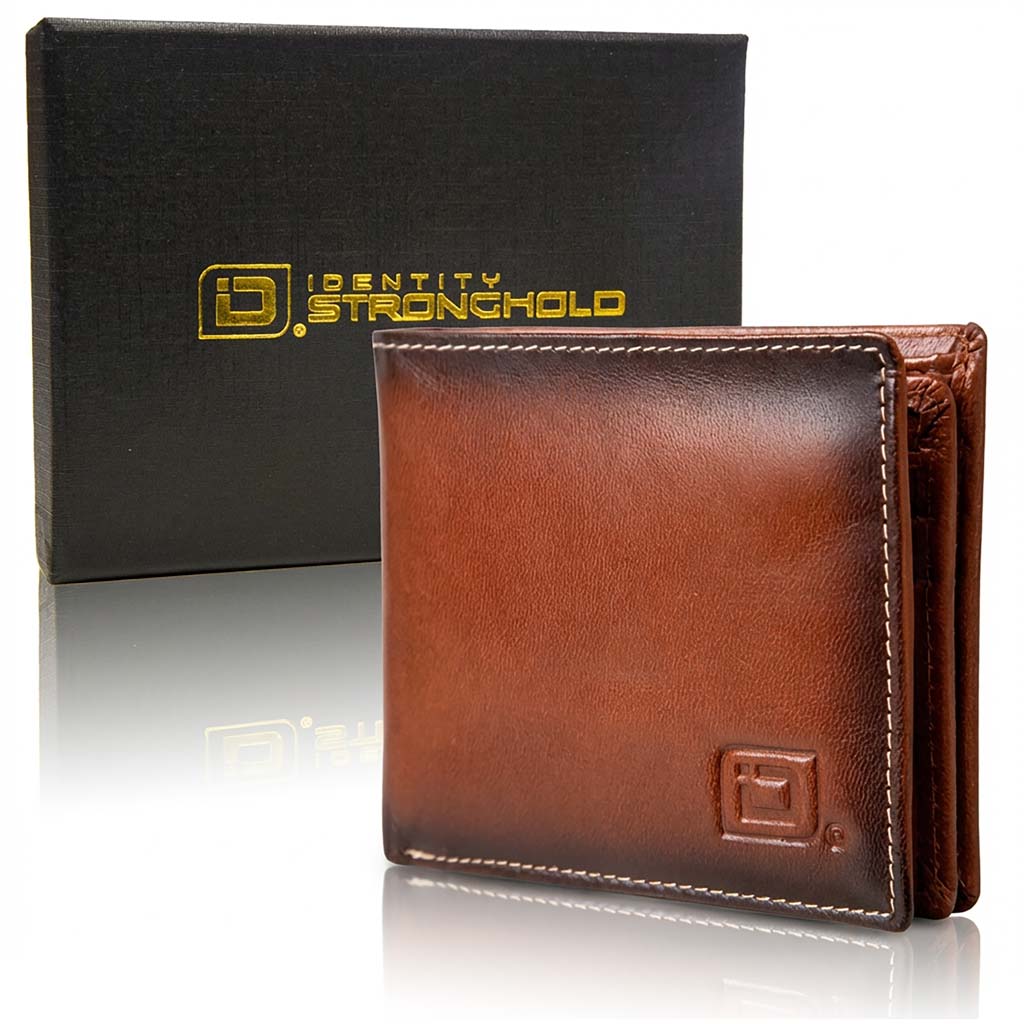 Men's RFID bifold leather wallet with 10 card slots and ID window