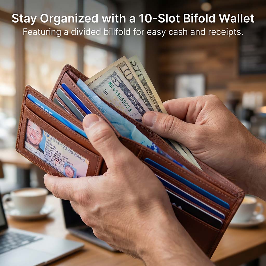 Men's RFID bifold leather wallet with 10 card slots and ID window