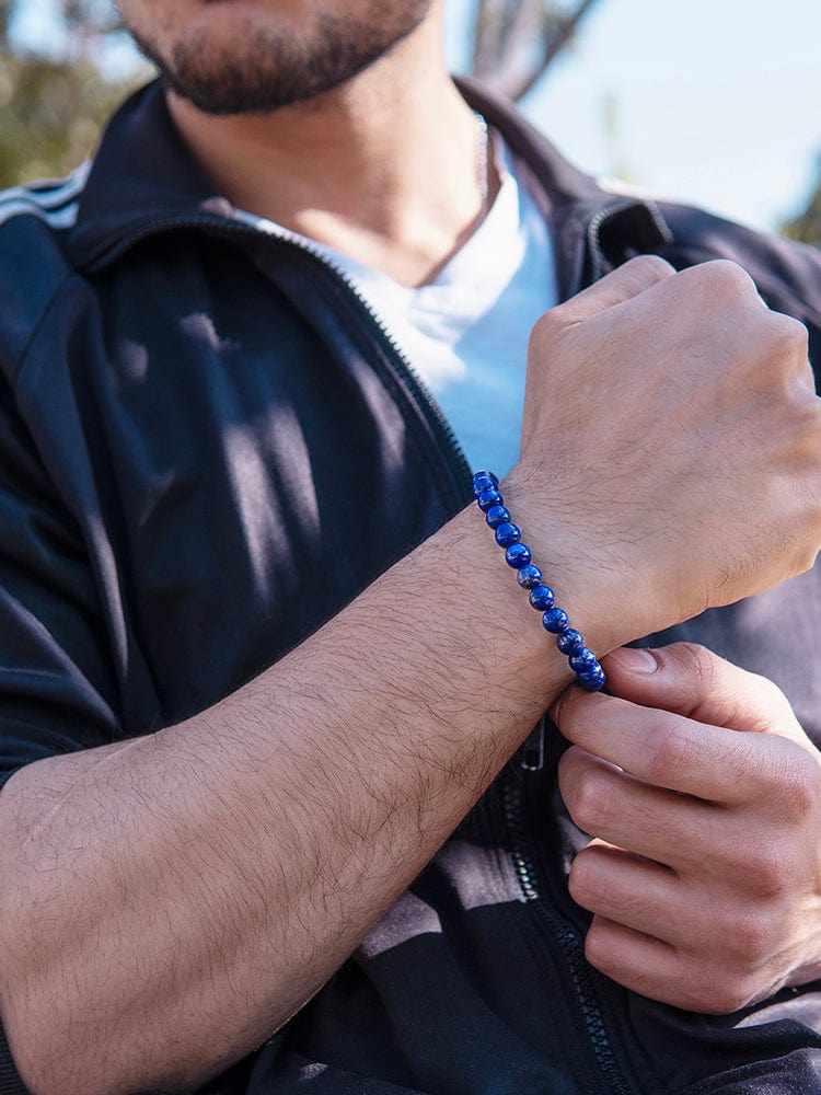 Men's blue lapis lazuli beaded bracelet, Bali style