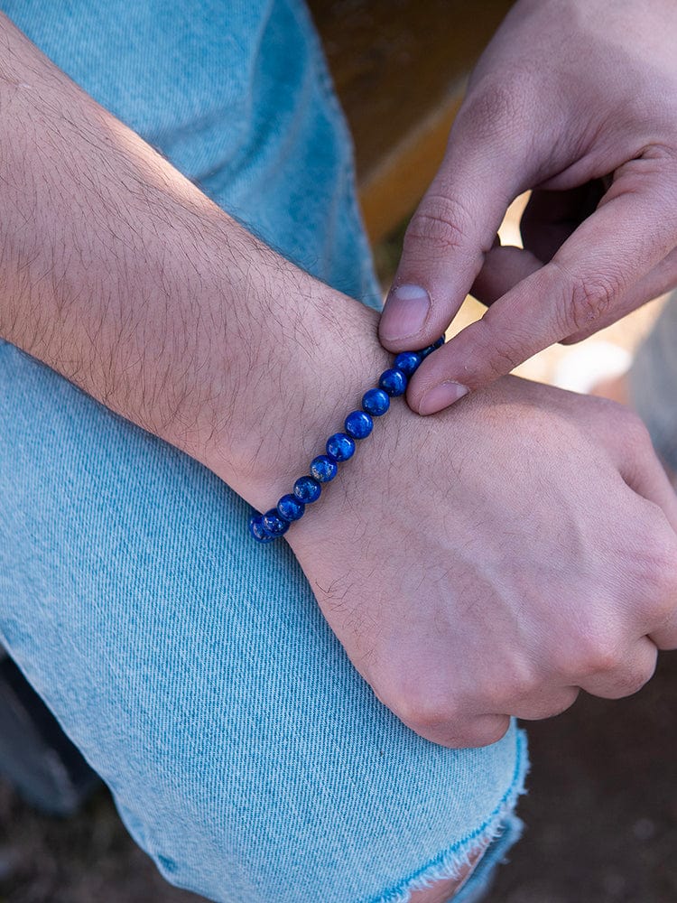 Men's blue lapis lazuli beaded bracelet, Bali style