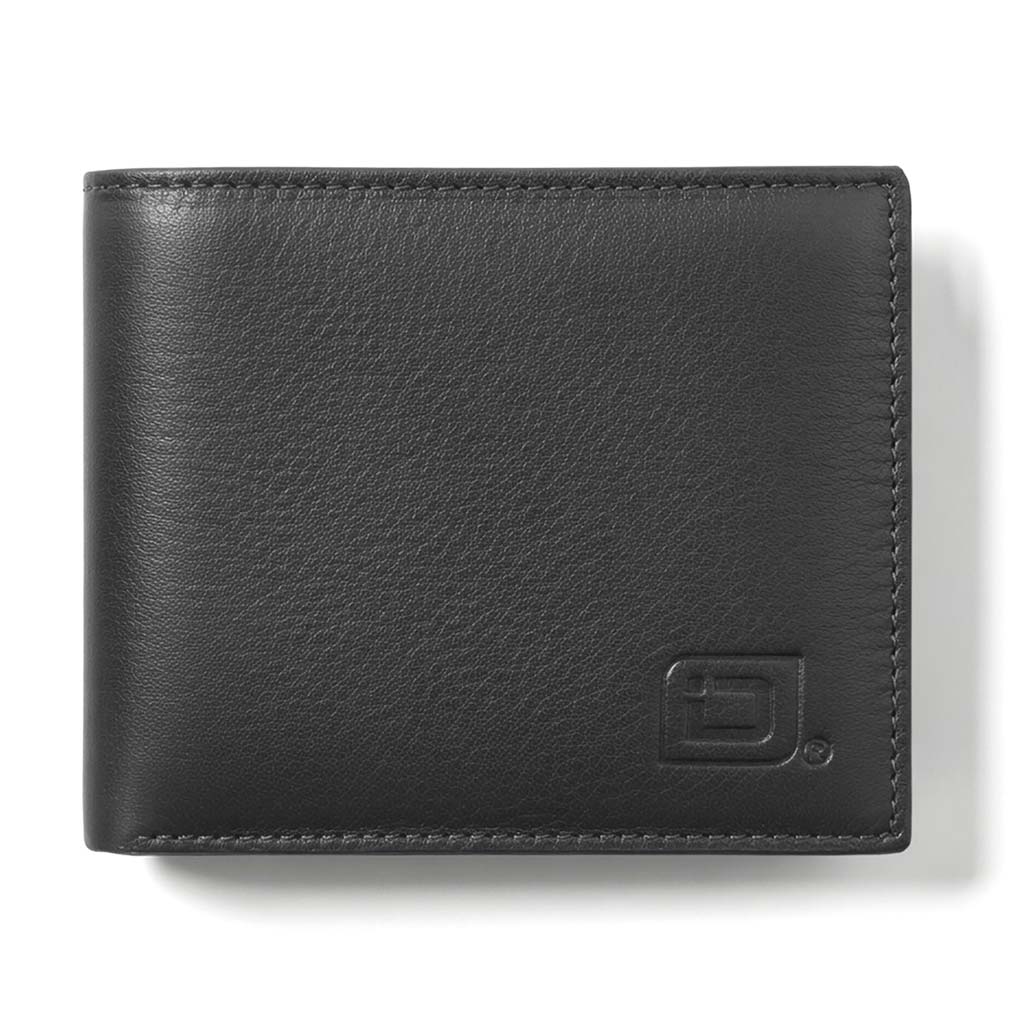 Men's RFID bifold leather wallet with 10 card slots and ID window