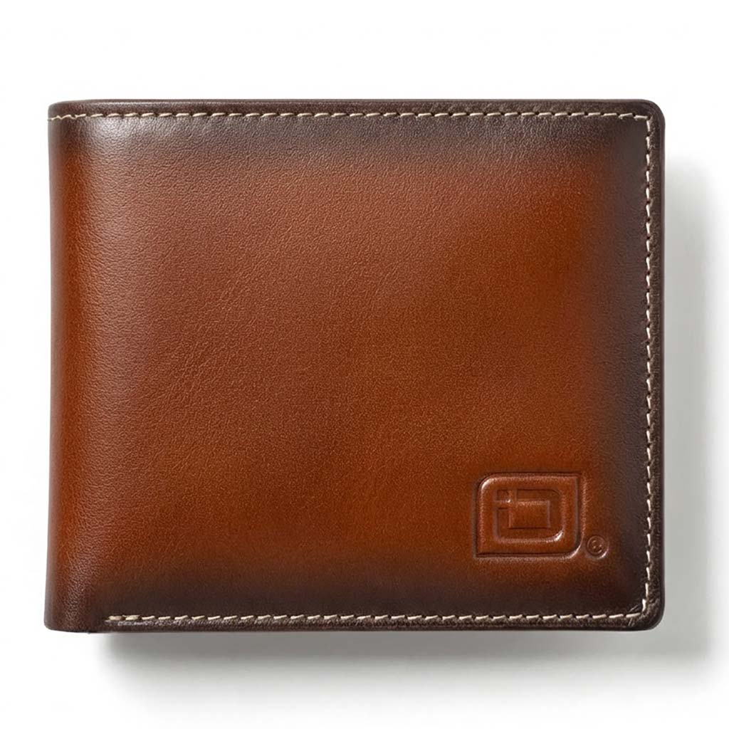 Men's RFID bifold leather wallet with 10 card slots and ID window