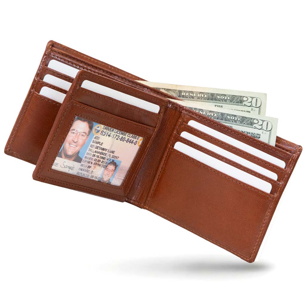 Men's RFID bifold leather wallet with 10 card slots and ID window