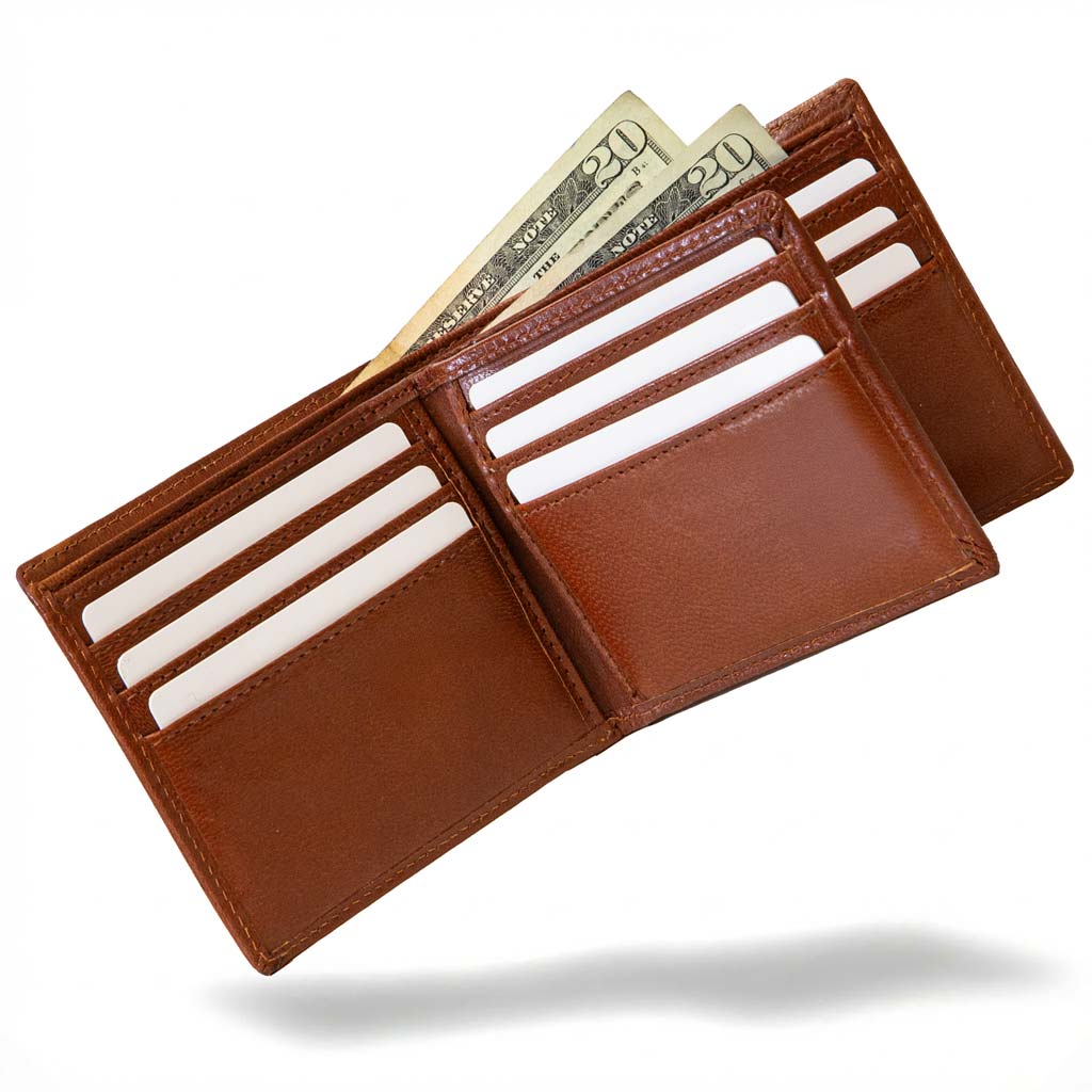 Men's RFID bifold leather wallet with 10 card slots and ID window