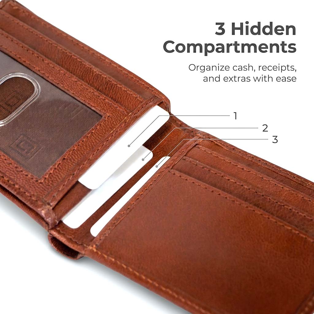 Men's RFID bifold leather wallet with 10 card slots and ID window