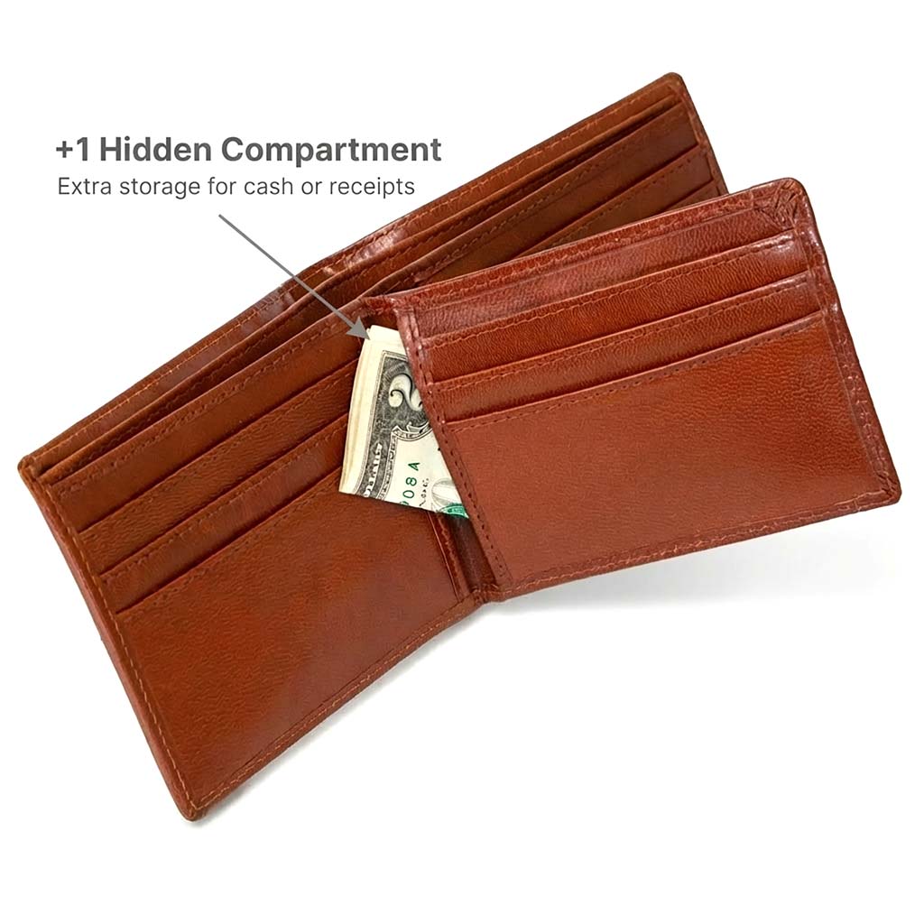 Men's RFID bifold leather wallet with 10 card slots and ID window