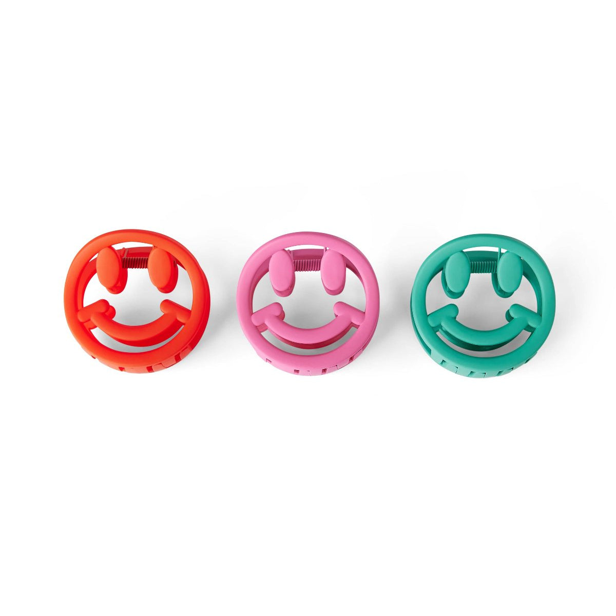Set of 3 smiley face hair claw clips in red, green and pink
