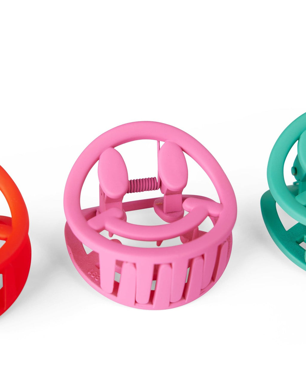 Set of 3 smiley face hair claw clips in red, green and pink