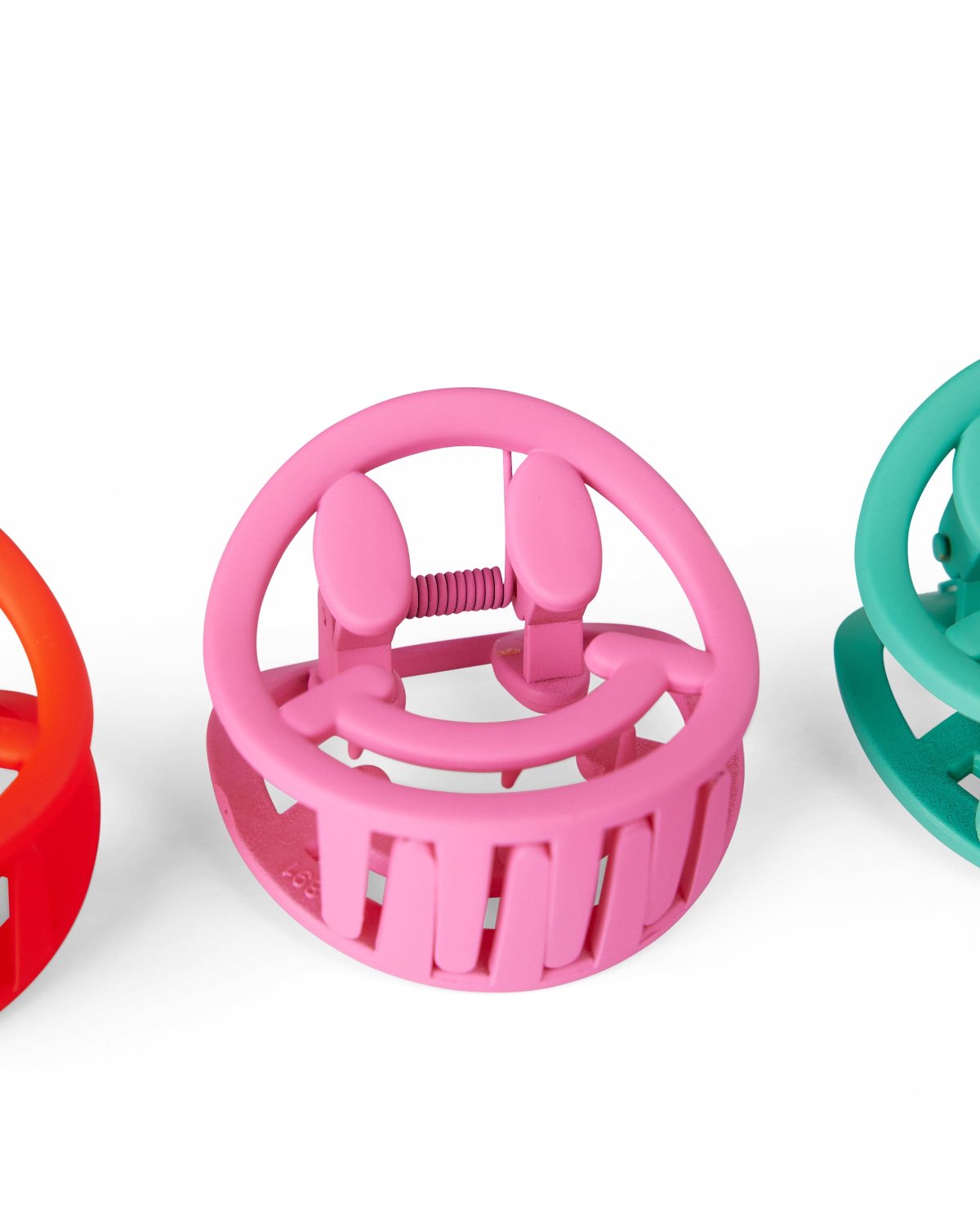 Set of 3 smiley face hair claw clips in red, green and pink