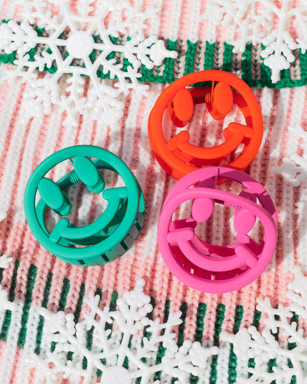 Set of 3 smiley face hair claw clips in red, green and pink