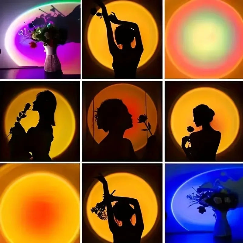 Sunset projection night light with remote projecting an orange sunset glow on a wall