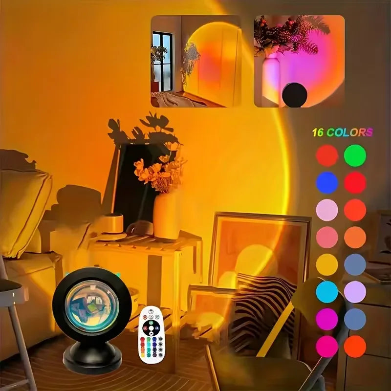 Sunset projection night light with remote projecting an orange sunset glow on a wall