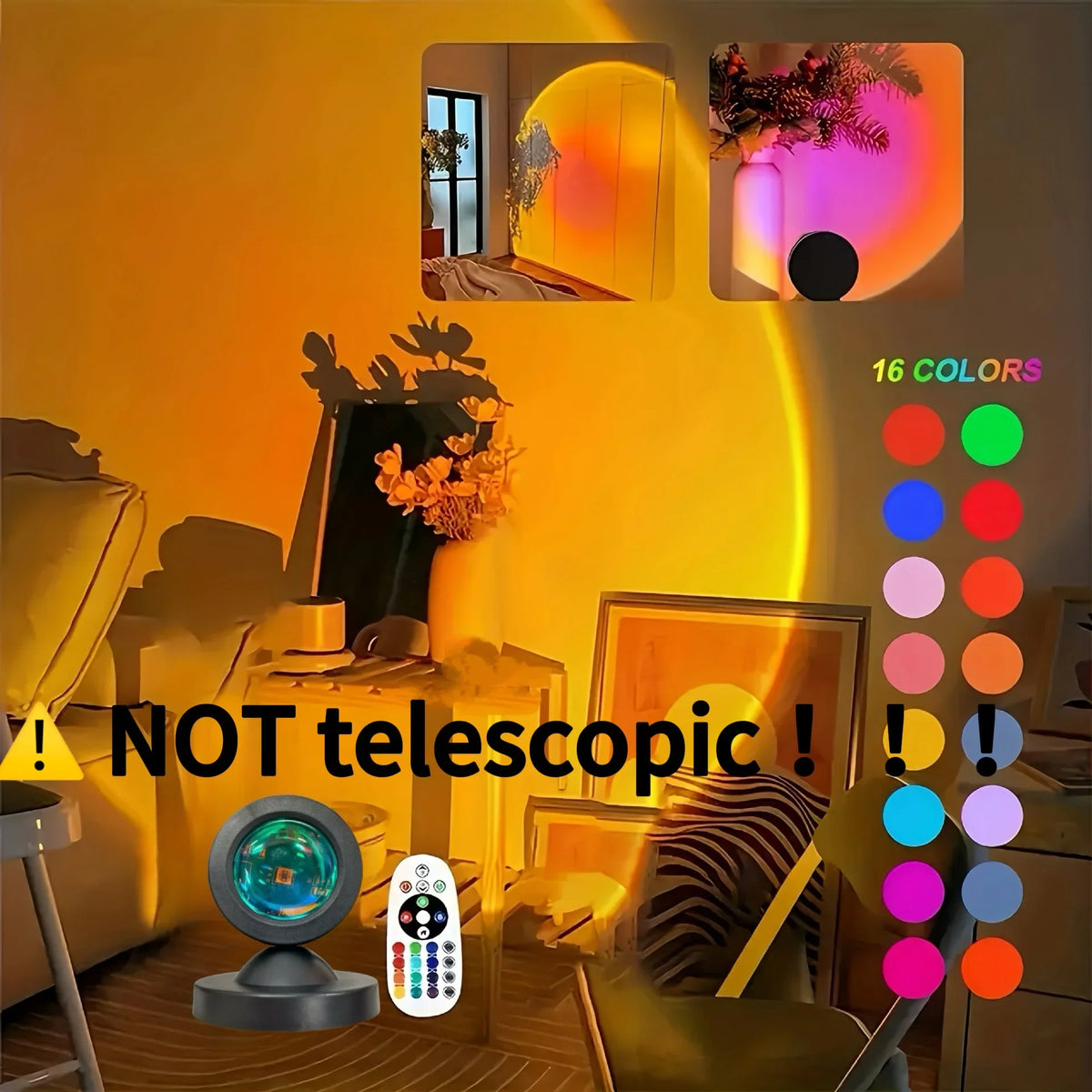 Sunset projection night light with remote projecting an orange sunset glow on a wall