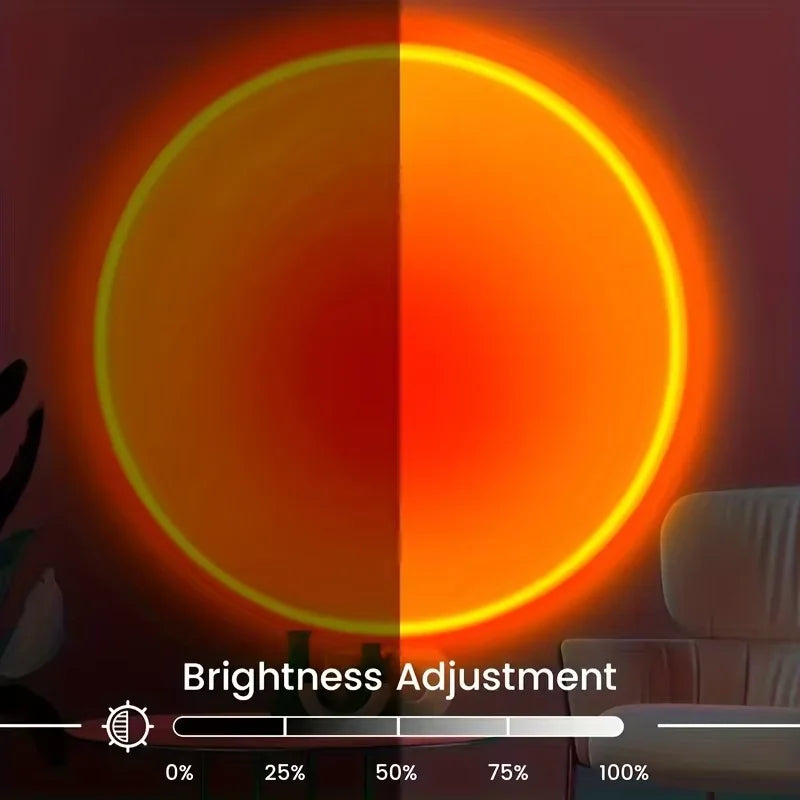 Sunset projection night light with remote projecting an orange sunset glow on a wall
