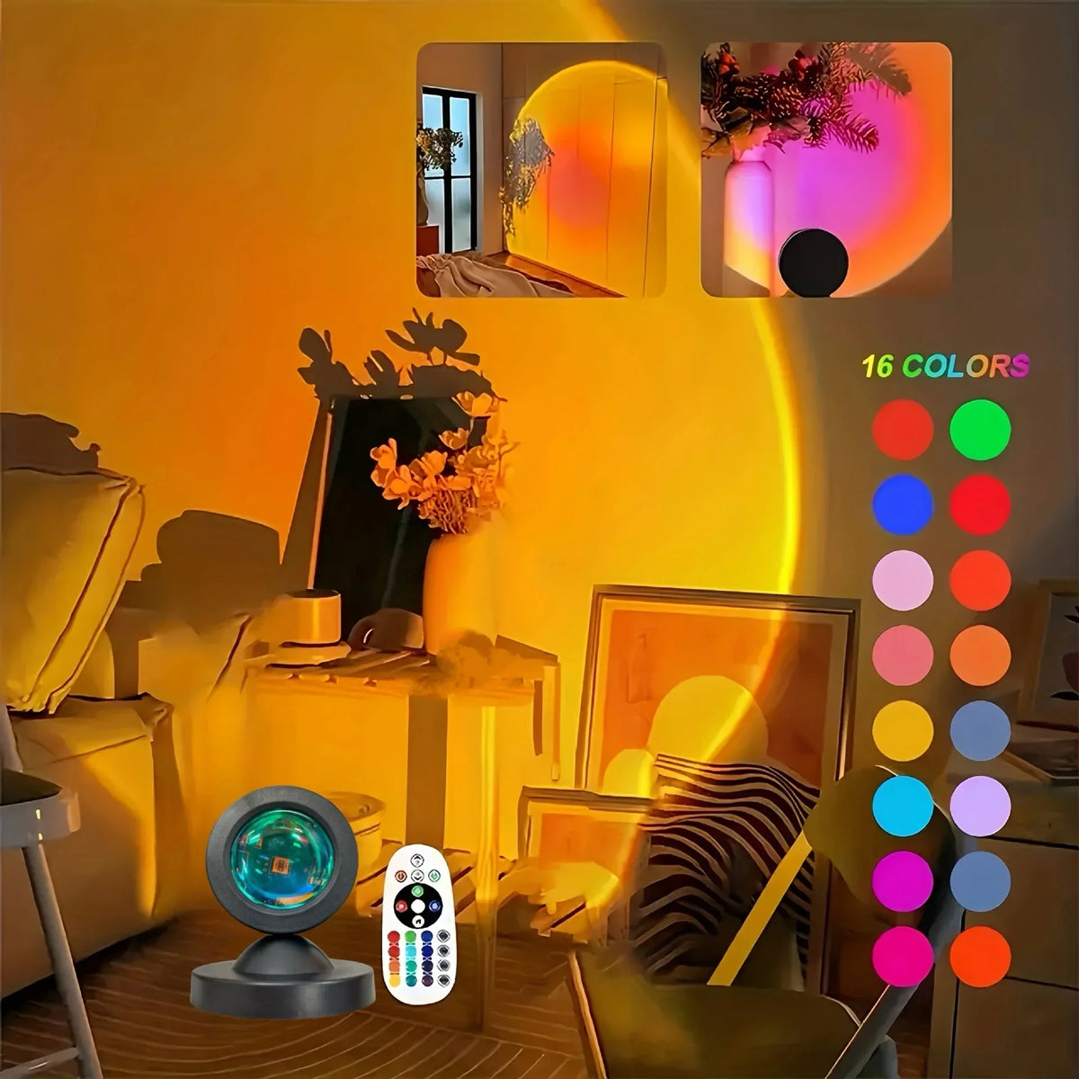 Sunset projection night light with remote projecting an orange sunset glow on a wall