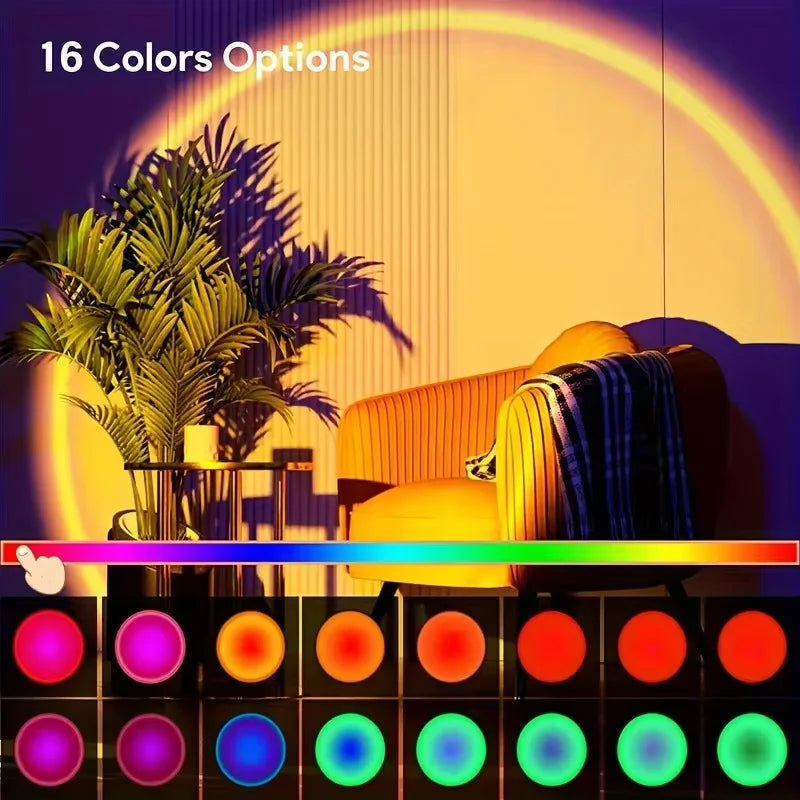 Sunset projection night light with remote projecting an orange sunset glow on a wall