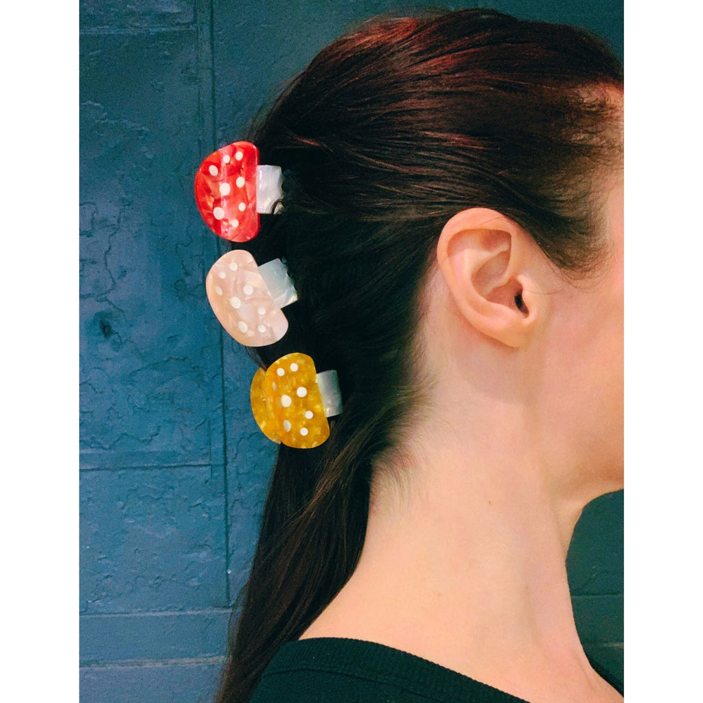 Set of 3 mini mushroom velvet claw hair clips in pink, red and yellow