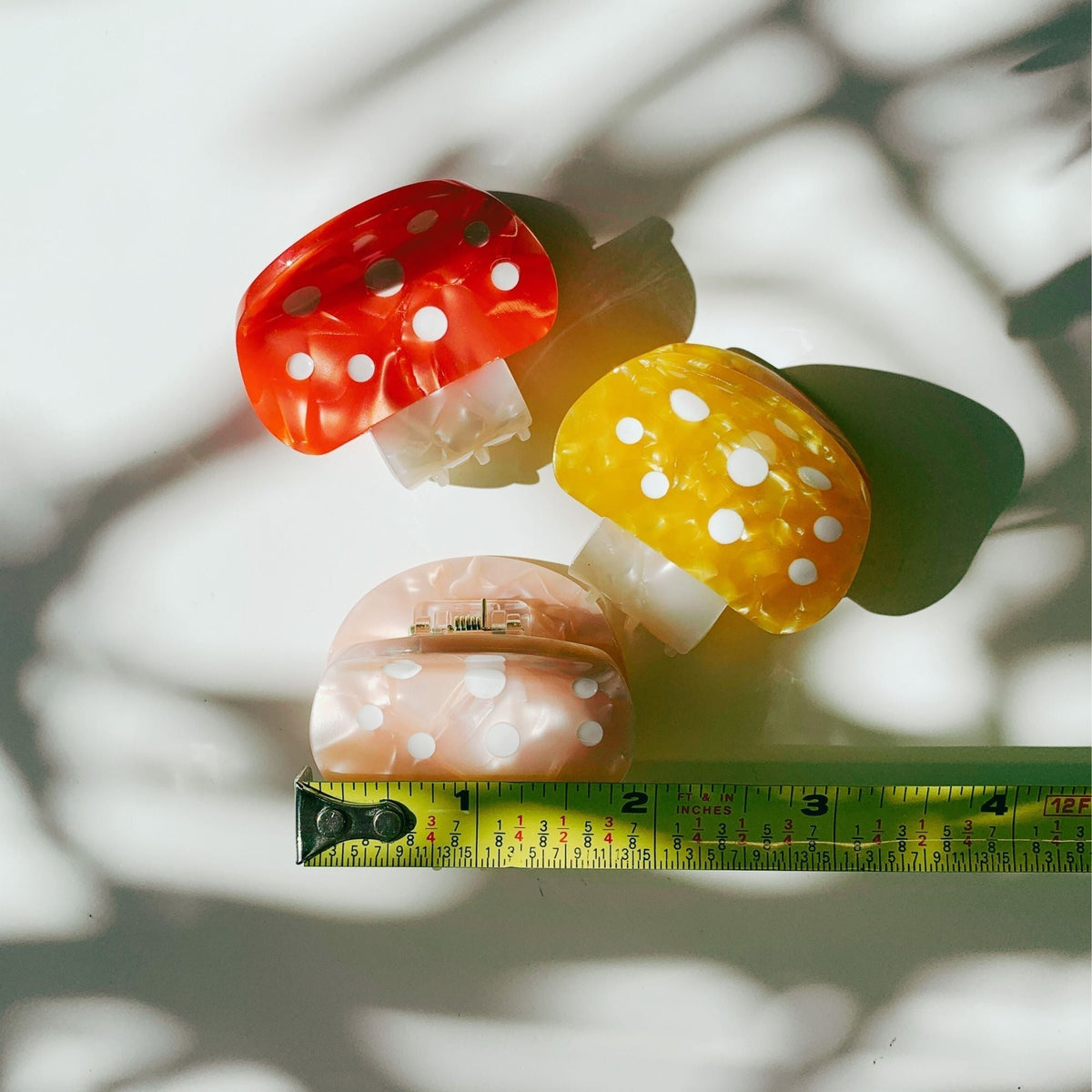 Set of 3 mini mushroom velvet claw hair clips in pink, red and yellow