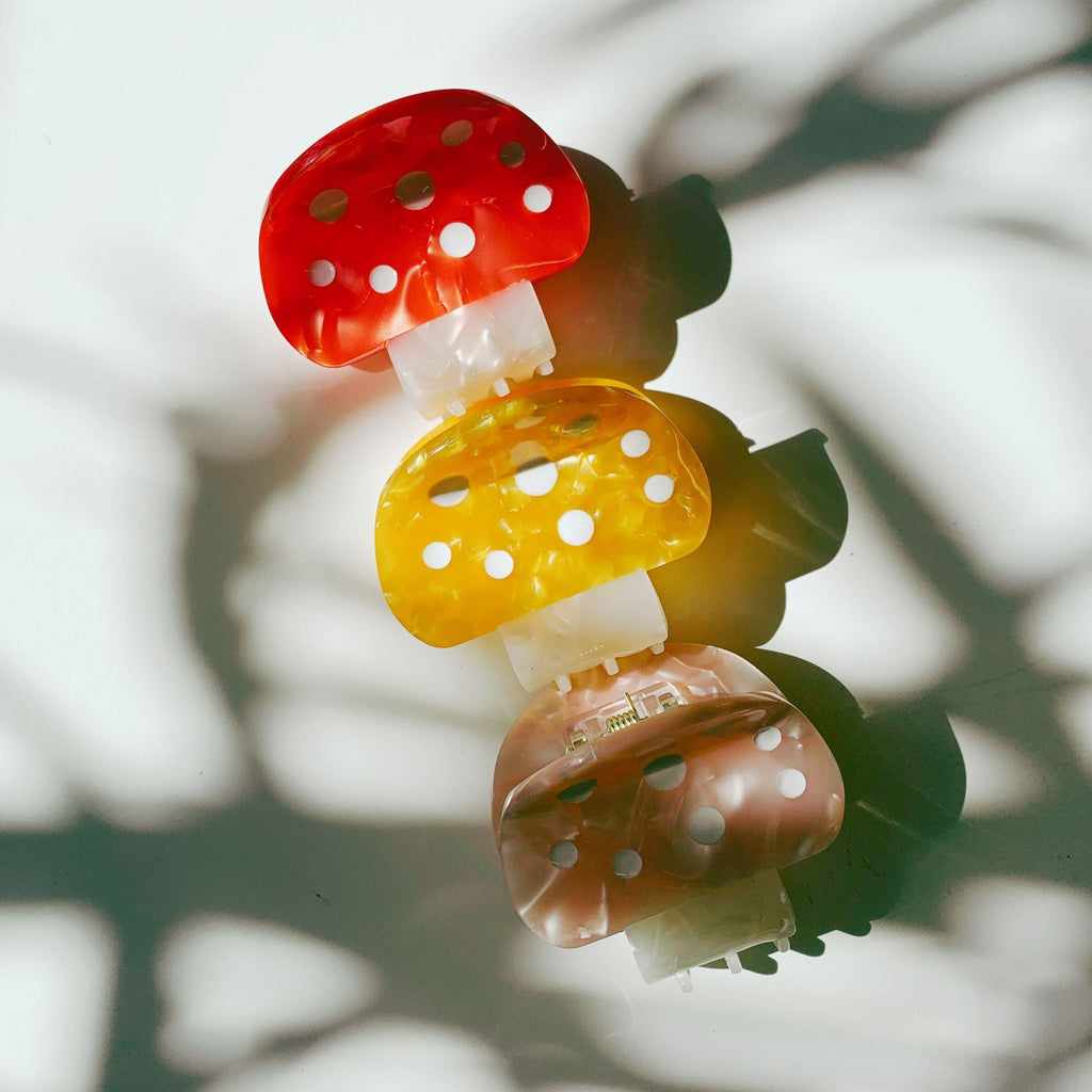 Set of 3 mini mushroom velvet claw hair clips in pink, red and yellow