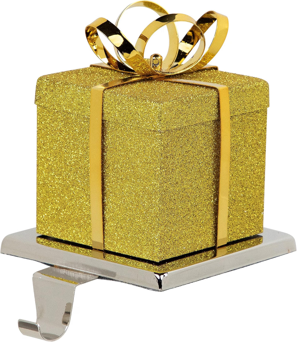 Glitter Gold Gift Box Christmas Stocking Holder, 5.5 Inch Metal
