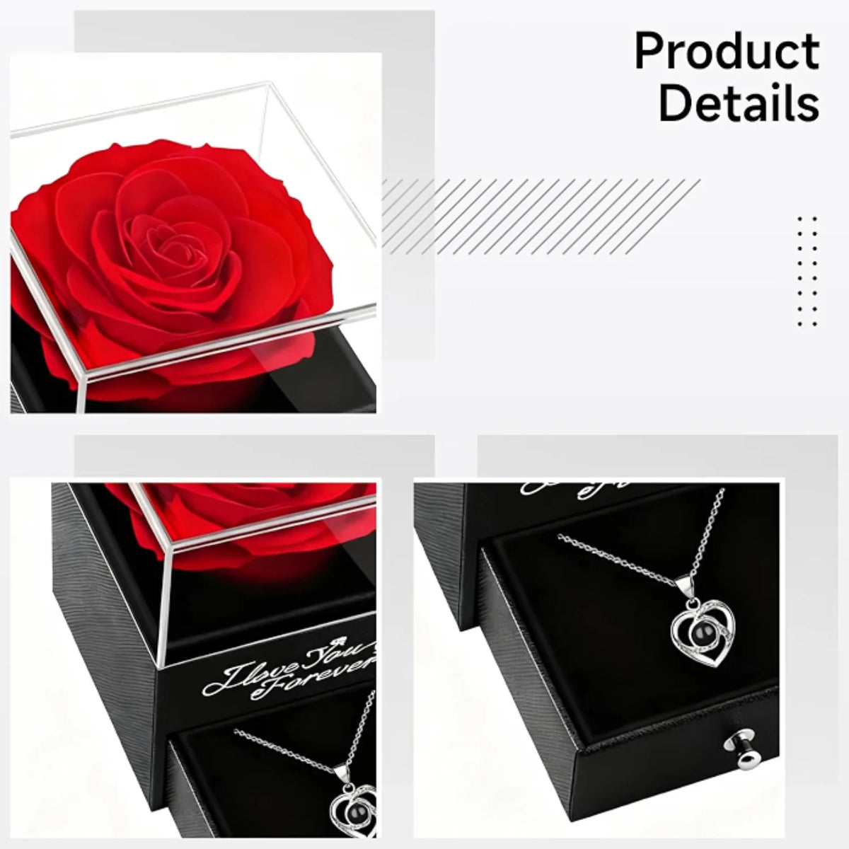 Preserved Real Rose Gift Box with I Love You in 100 Languages Necklace