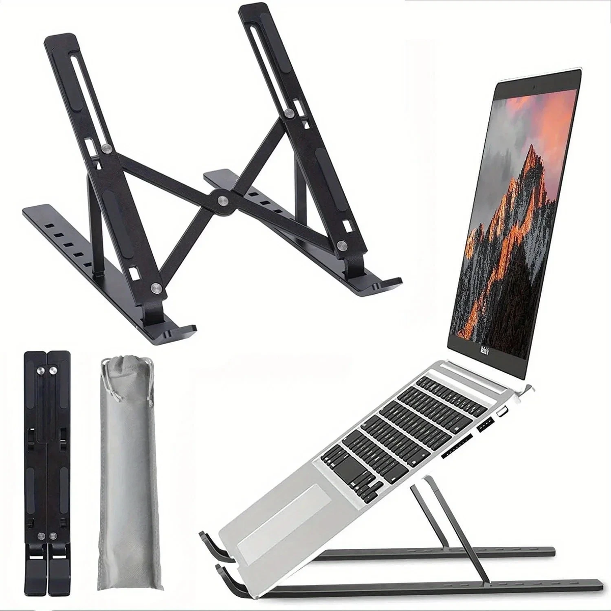 Foldable aluminum laptop stand open on desk