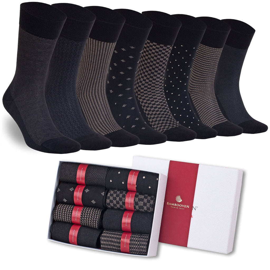 Men's bamboo dress socks 8-pack gift box in black, charcoal and taupe