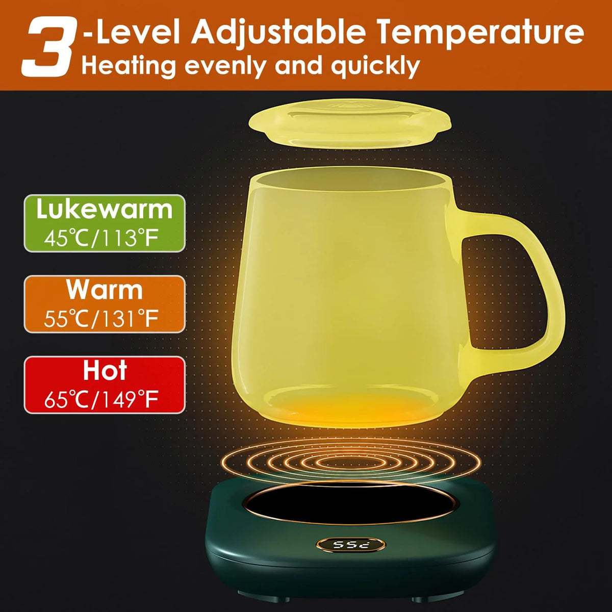 Electric Coffee Mug Warmer for Desk with 3 Temperature Settings and Auto Shut-Off