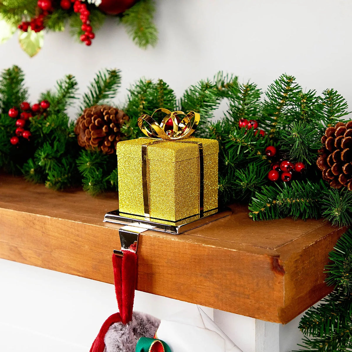 Glitter Gold Gift Box Christmas Stocking Holder, 5.5 Inch Metal