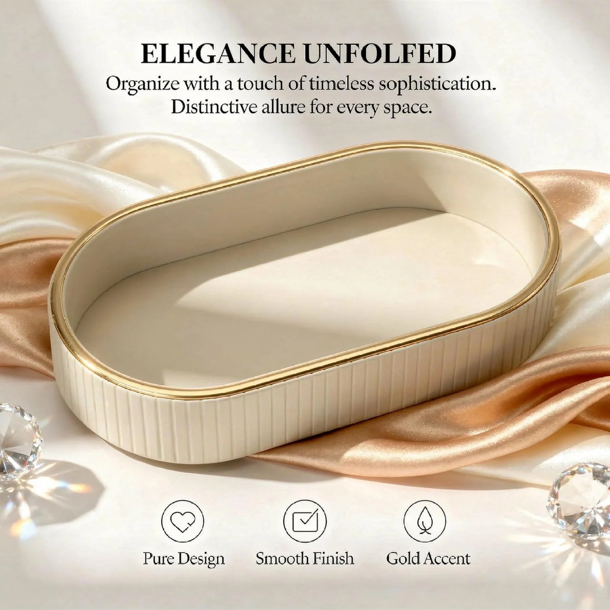 Oval PU Leather Vanity Tray with Gold Trim, Nightstand and Key Organizer
