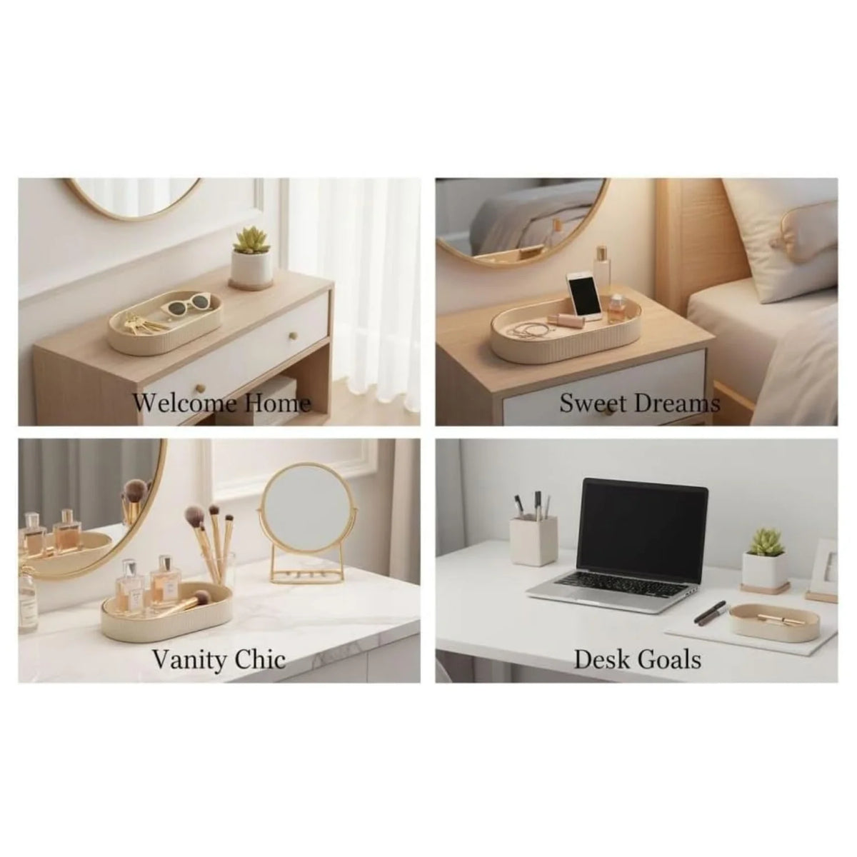 Oval PU Leather Vanity Tray with Gold Trim, Nightstand and Key Organizer