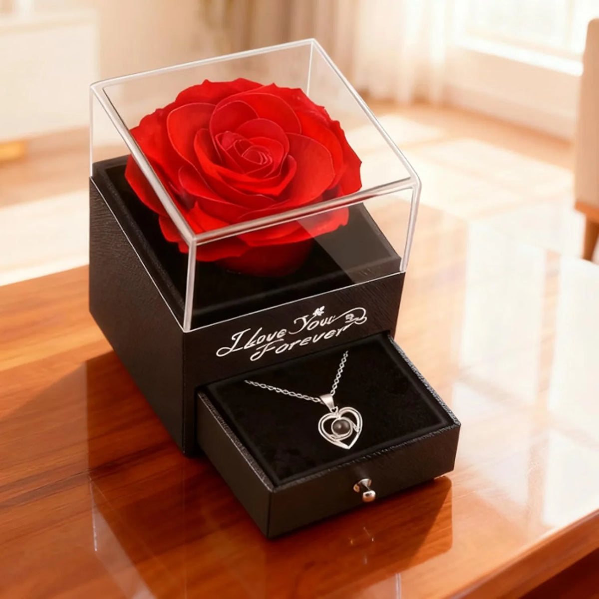 Preserved Real Rose Gift Box with I Love You in 100 Languages Necklace