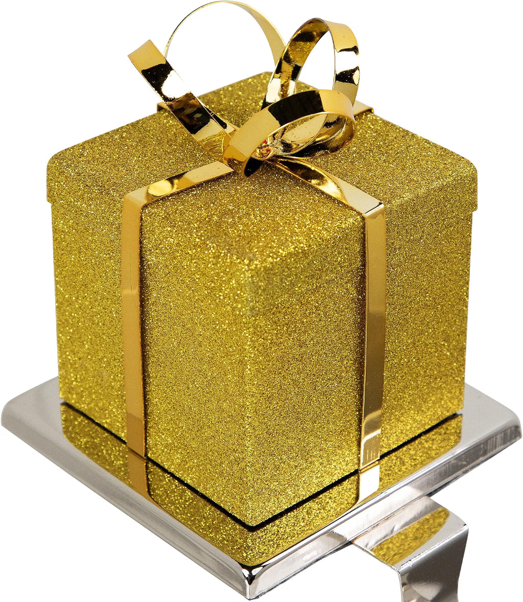 Glitter Gold Gift Box Christmas Stocking Holder, 5.5 Inch Metal