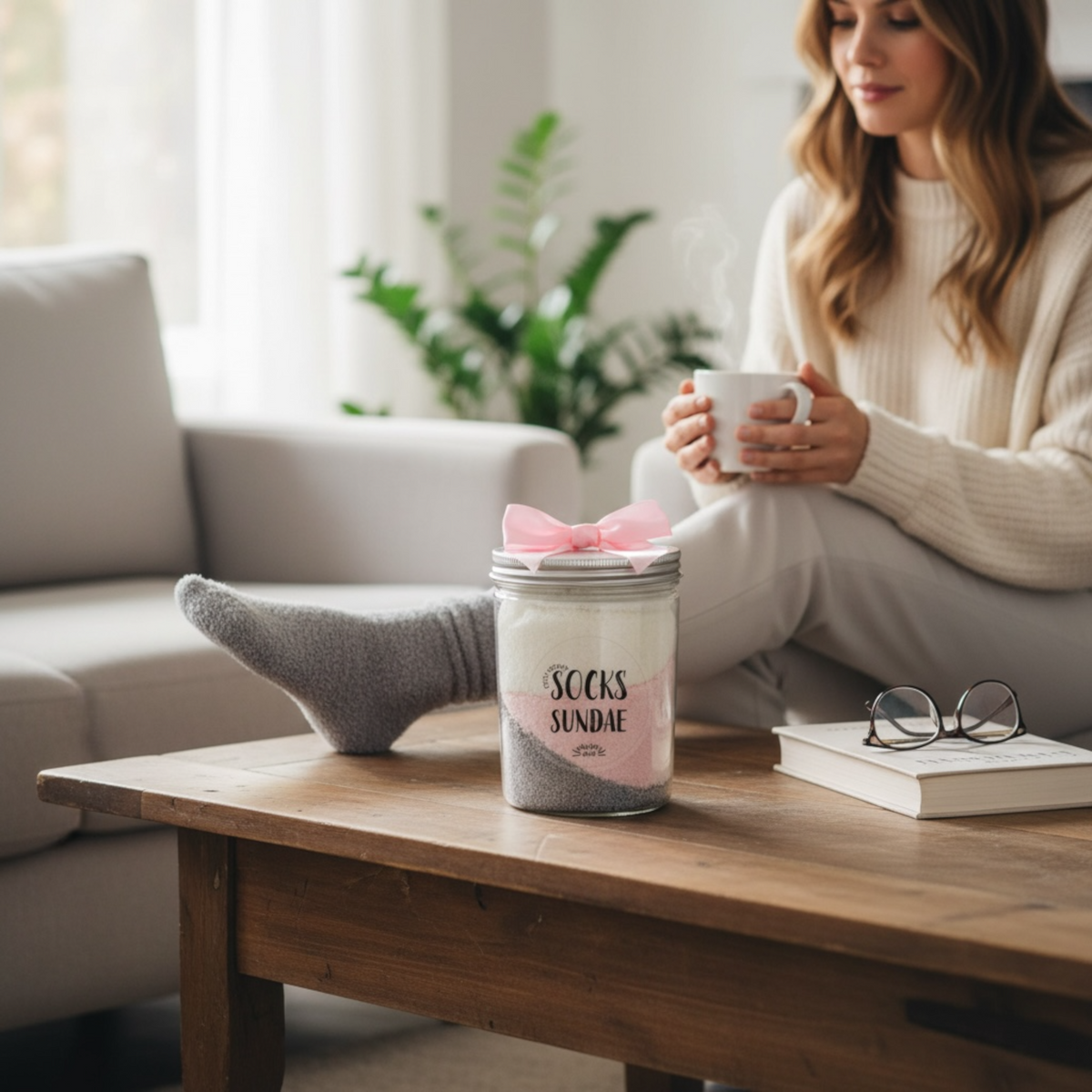 Three pairs of cozy socks in a sundae jar with a bow